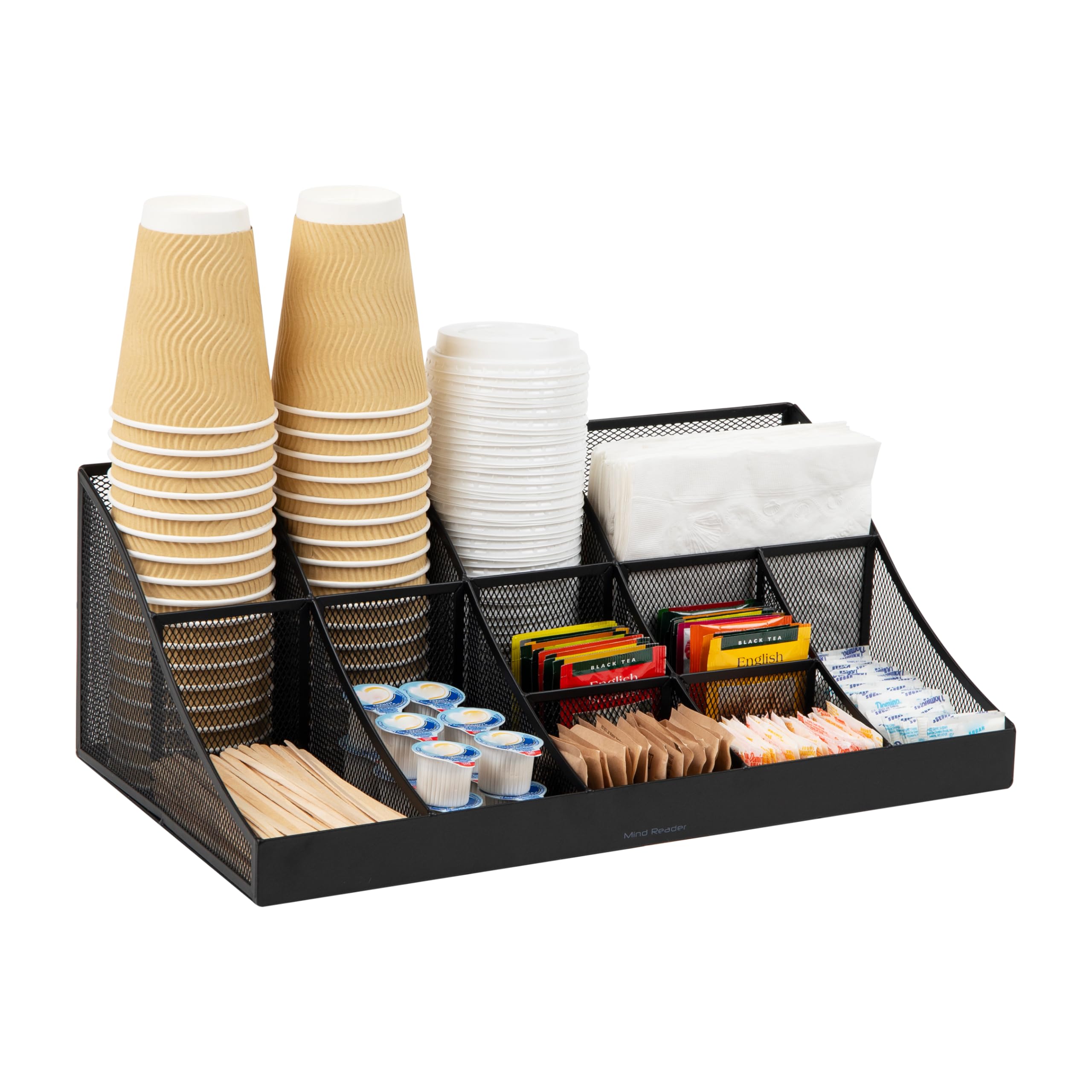 Mind Reader Countertop Organizer, 2 Tier Mesh Storage Caddy with 11 Compartments for Office Supplies, Breakroom Essentials, and Snacks