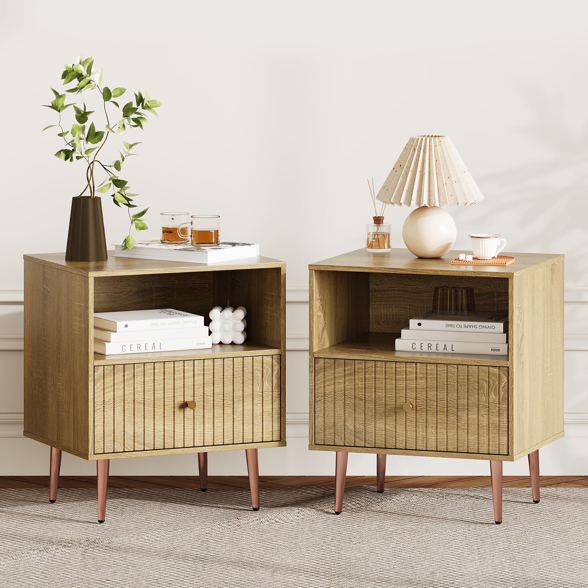 Black Nightstands Set of 2,Modern Bedside Table with Door and Open Storage,Fluted Nightstand and Wood End Side Table with Rose Gold Metal Legs and Handles for Bedroom,Living Room,Black