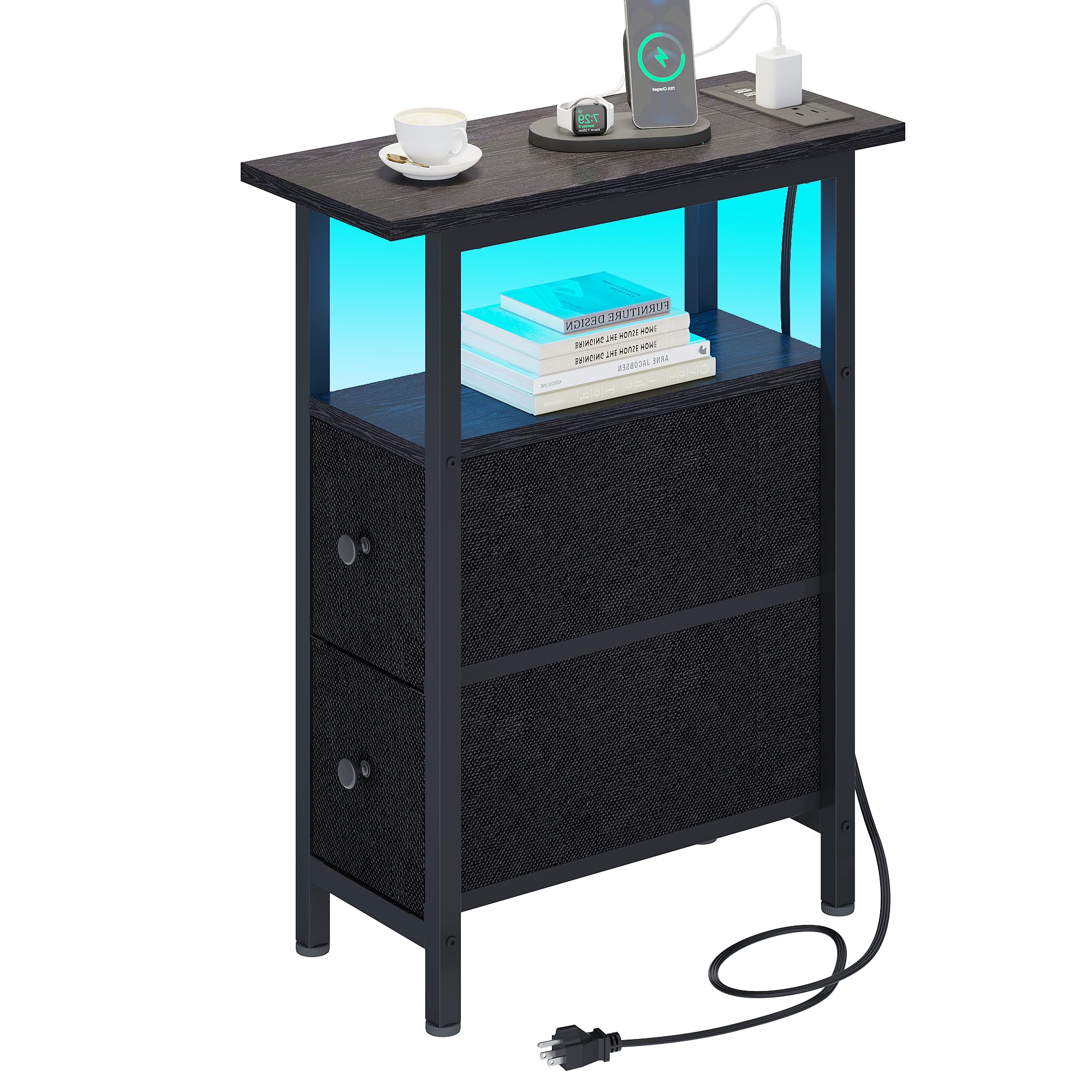 TRIFEBLE End Table with Charging Station, Narrow Side Table with 2 Fabric Drawers, Skinny Nightstand with LED Light, Slim Bedside Table for Bedroom, Living Room, Small Spaces, White