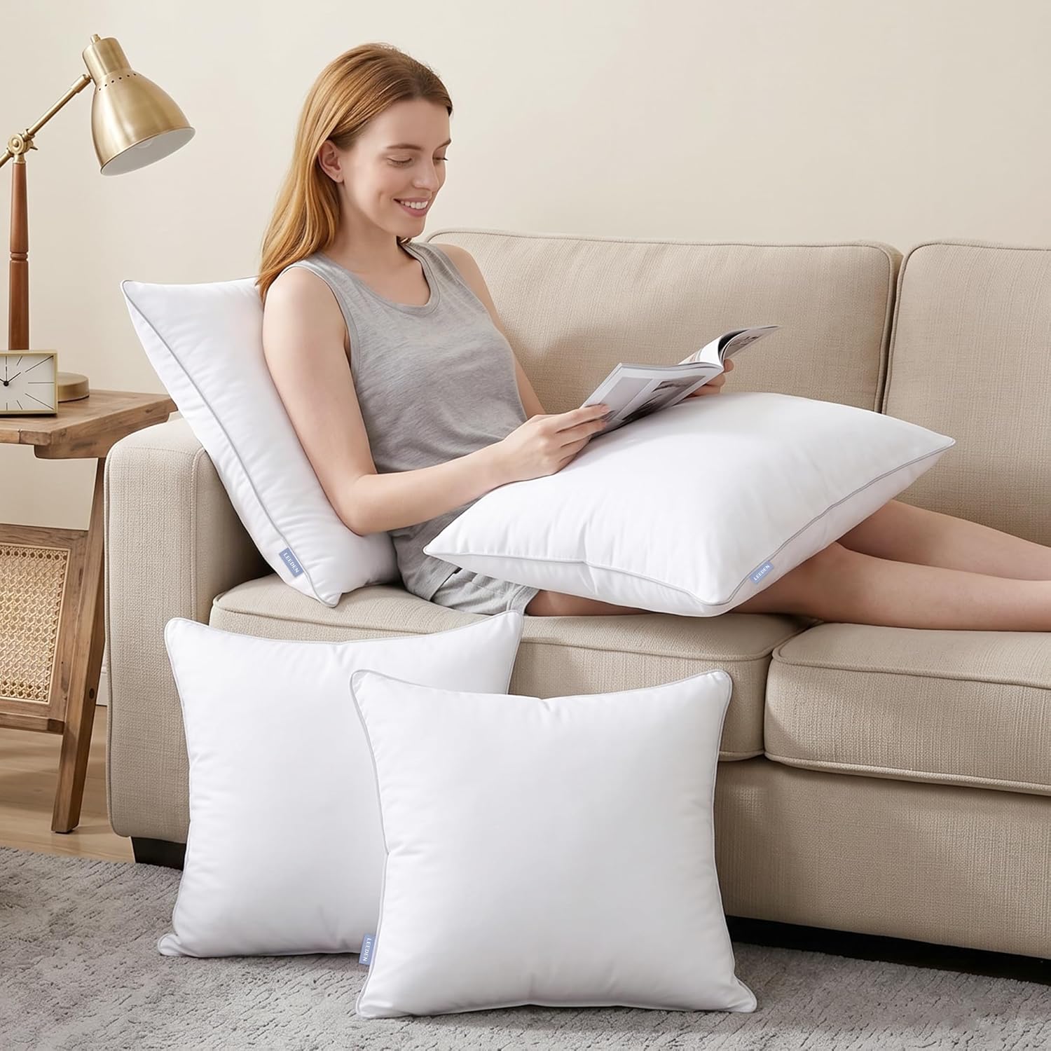 Leeden 18 x 18 Pillow Inserts (Set of 2) - Throw Pillow Inserts with 100% Cotton Cover - 18 Inch Square Decorative Pillows for Sofa, Couch, Bed and Home Decor