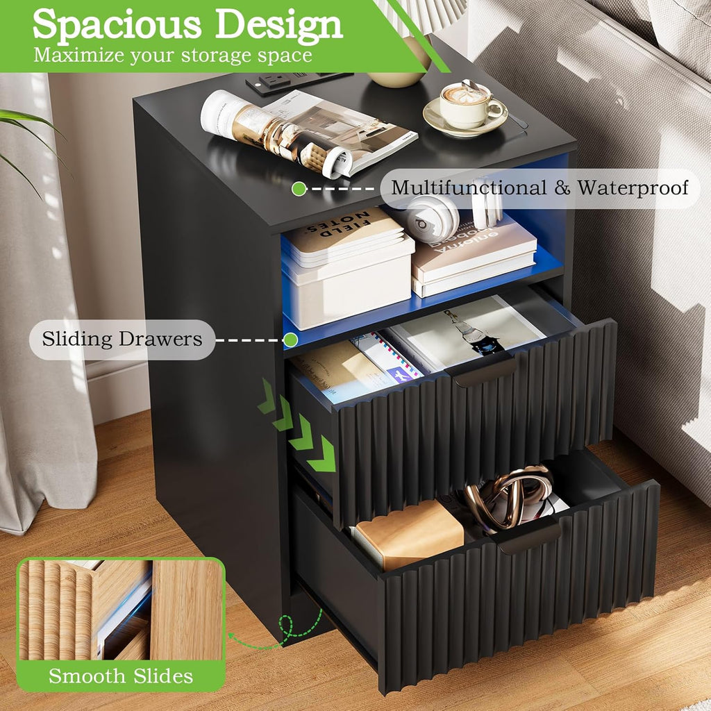2-Pack Black Fluted Nightstand, LED Side Table with Charging Station for Bedroom