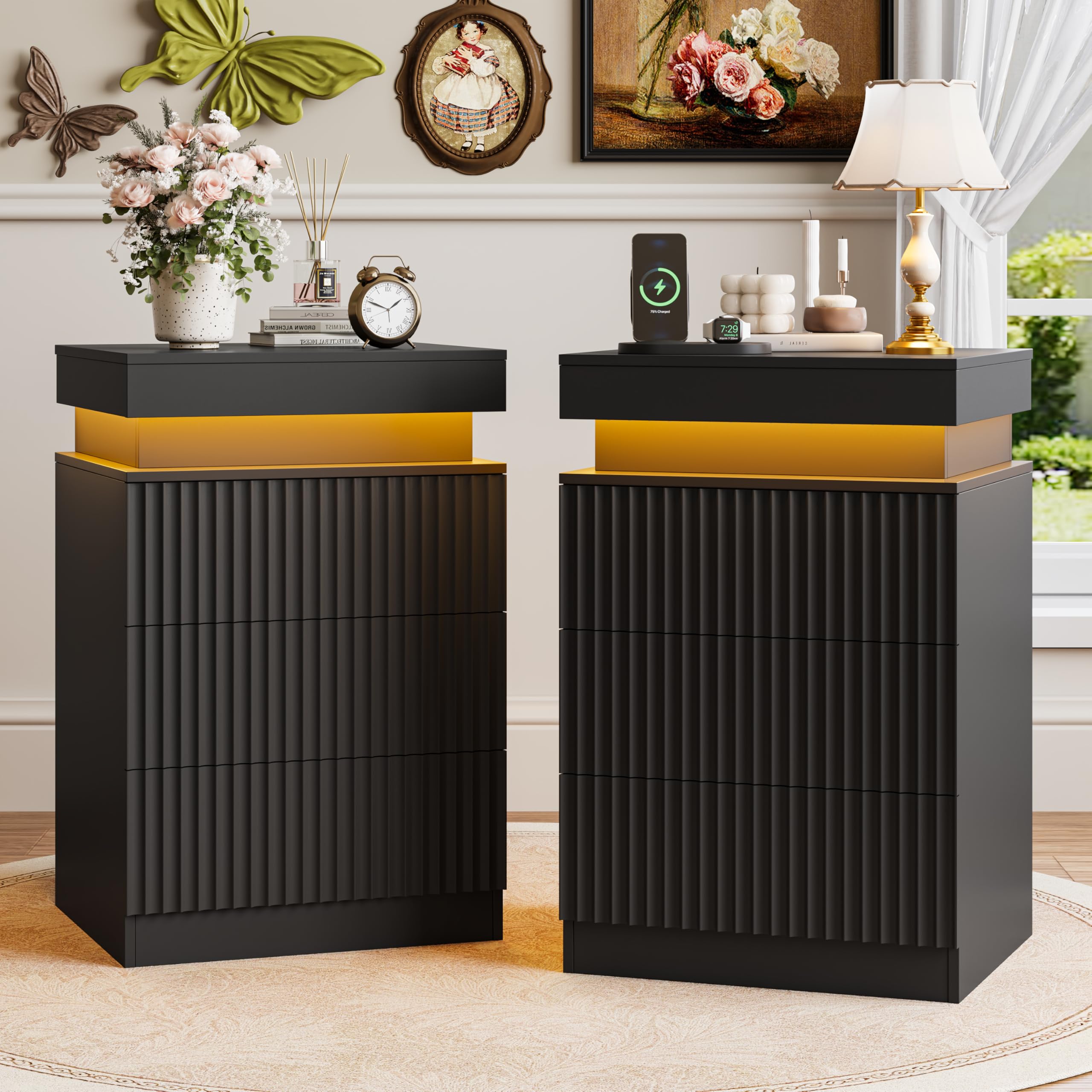 2-Pack Black Fluted Nightstand, LED Side Table with Charging Station for Bedroom