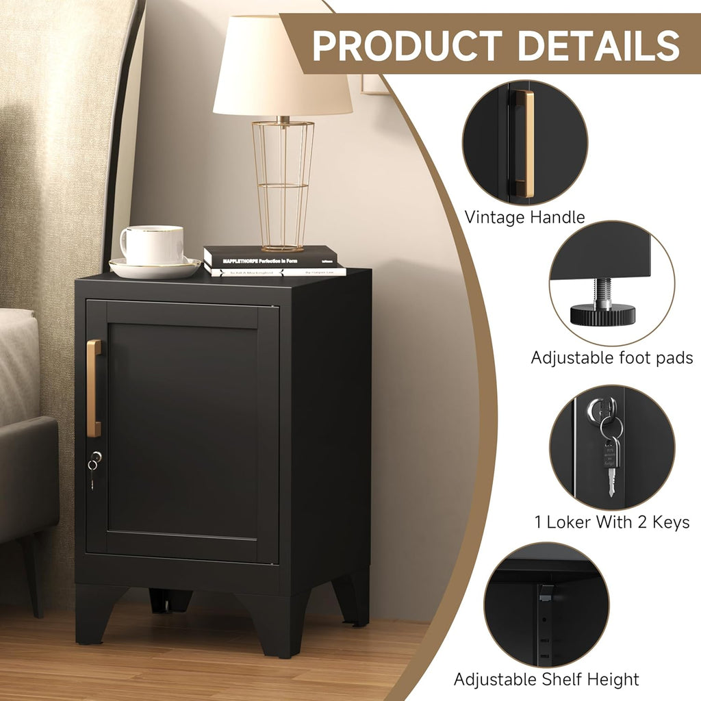 Metal Locker Nightstand,Modern End Table with Storage Nighstands with Adjustable Shelf,Feet Bedside Tables,2-Tier Night Stand Easy Assembly for Home,Office,Garage,School-Black