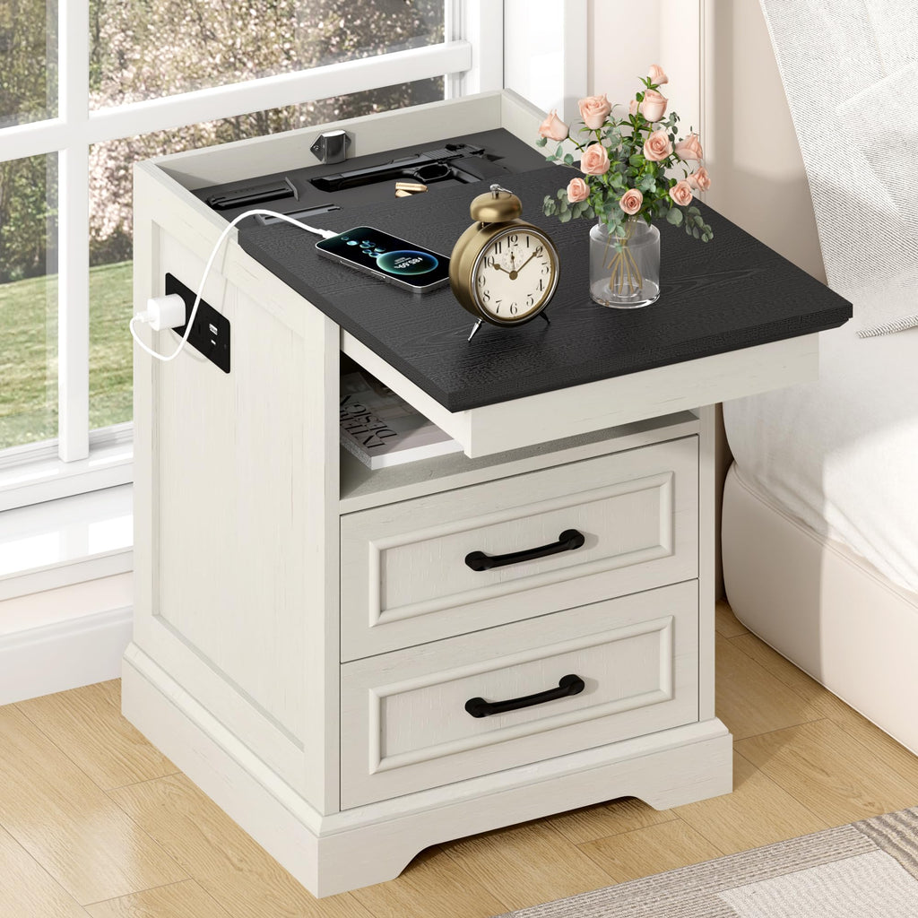 Gadroad 18" Farmhouse Accent Nightstand with Charging Station, End Table with 3 Drawers Storage, Side Table, Bedside Cabinet for LivingRoom Bedroom Office, Black
