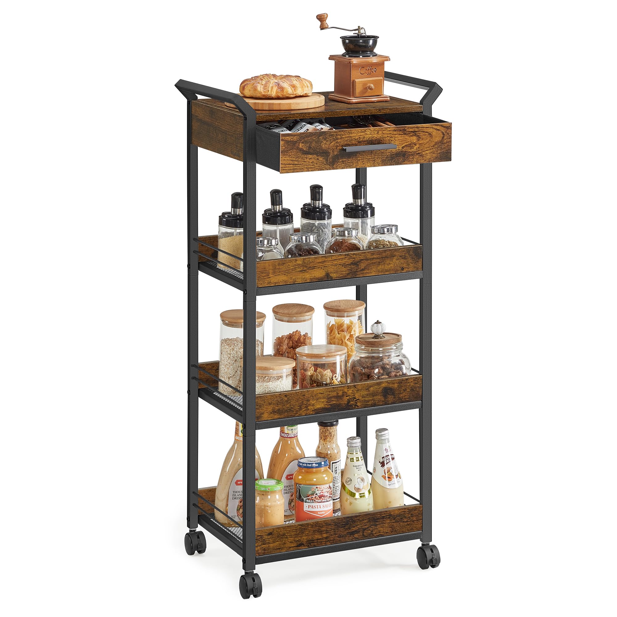 VASAGLE Storage Cart, 3-Tier Rolling Utility Cart with Table Top, Handles, 4 Lockable Casters, Top Drawer, Mesh Shelves, for Kitchen, Bathroom, Bedroom, Rustic Brown and Ink Black ULRC048K01