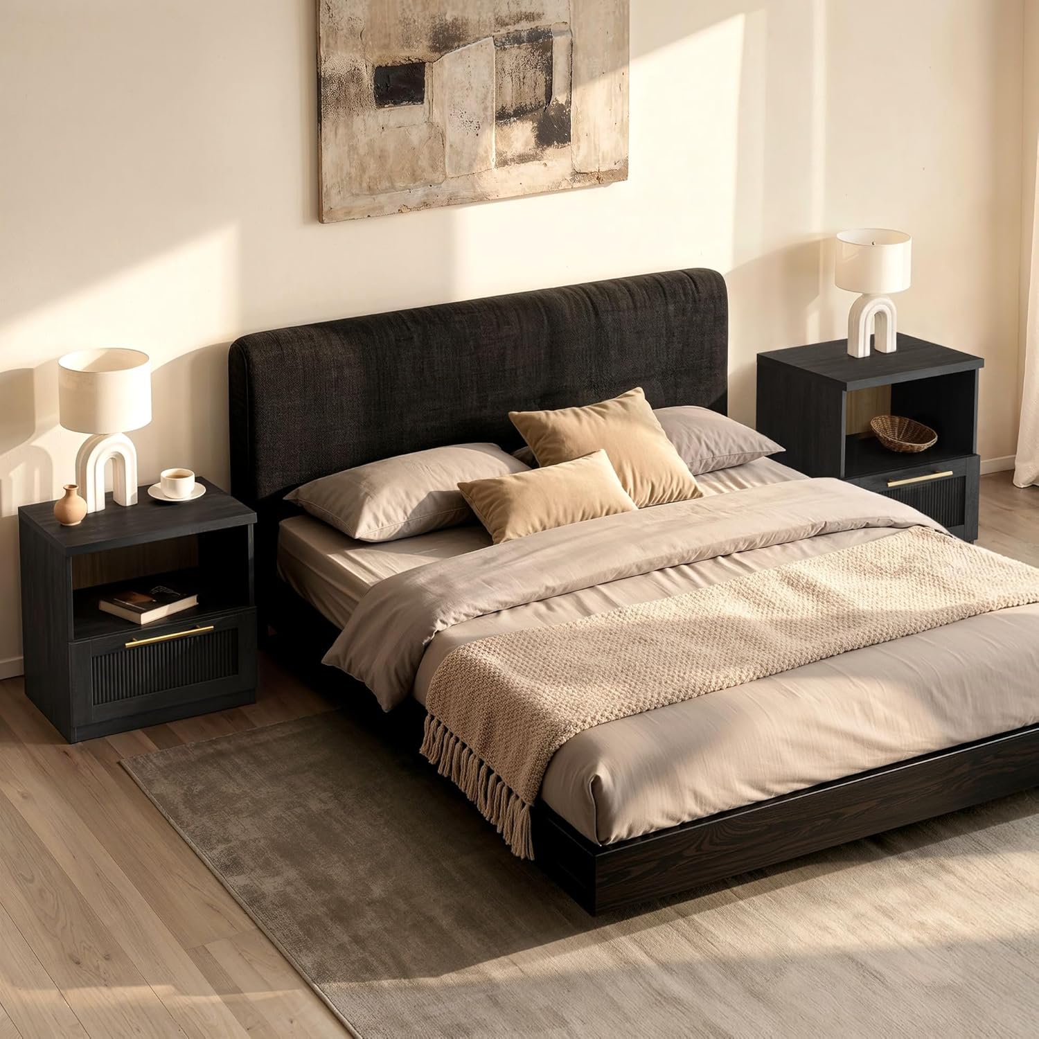 ModernMate Set of 2 Nightstands, 18.5" Modular Bedside Tables with Soft-Close Drawer and Open Shelf, Modern Accent End Side Tables for Living Room, Bedroom, Black