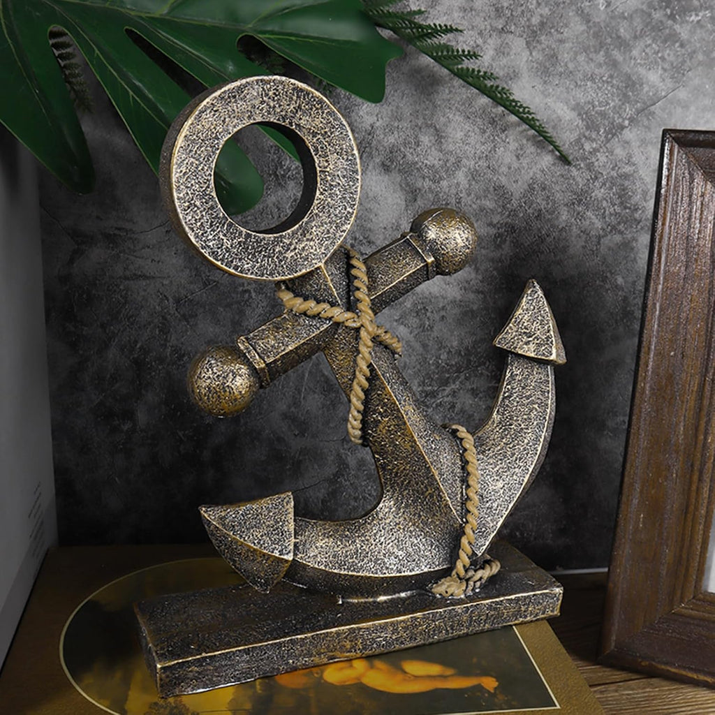 Anchor Sculpture Coastal Decor Nautical Boat Statue Art Ship Theme Retro Style Home Office Desktop Shelf Decoration Crafts Resin Ornament (Golden)