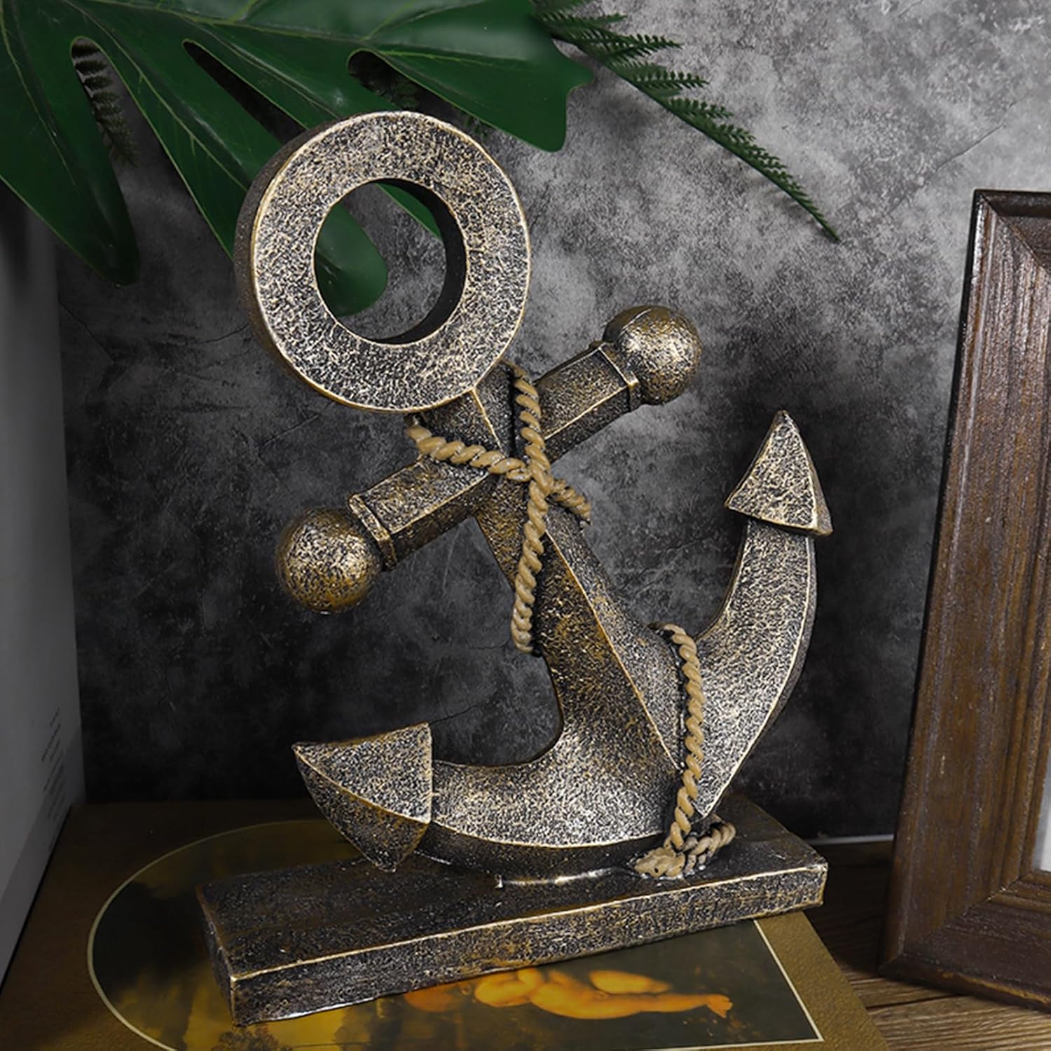 Anchor Sculpture Coastal Decor Nautical Boat Statue Art Ship Theme Retro Style Home Office Desktop Shelf Decoration Crafts Resin Ornament (Golden)