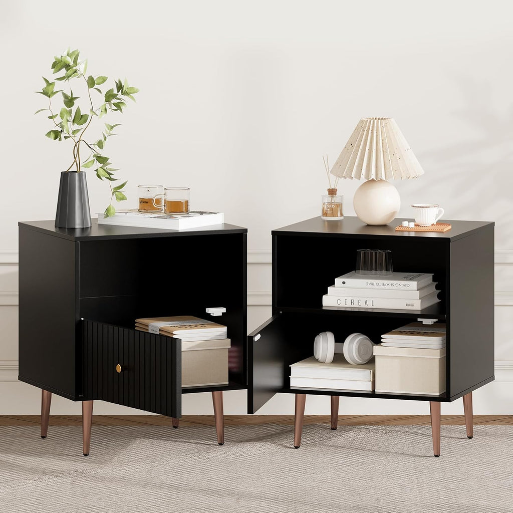 Black Nightstands Set of 2,Modern Bedside Table with Door and Open Storage,Fluted Nightstand and Wood End Side Table with Rose Gold Metal Legs and Handles for Bedroom,Living Room,Black