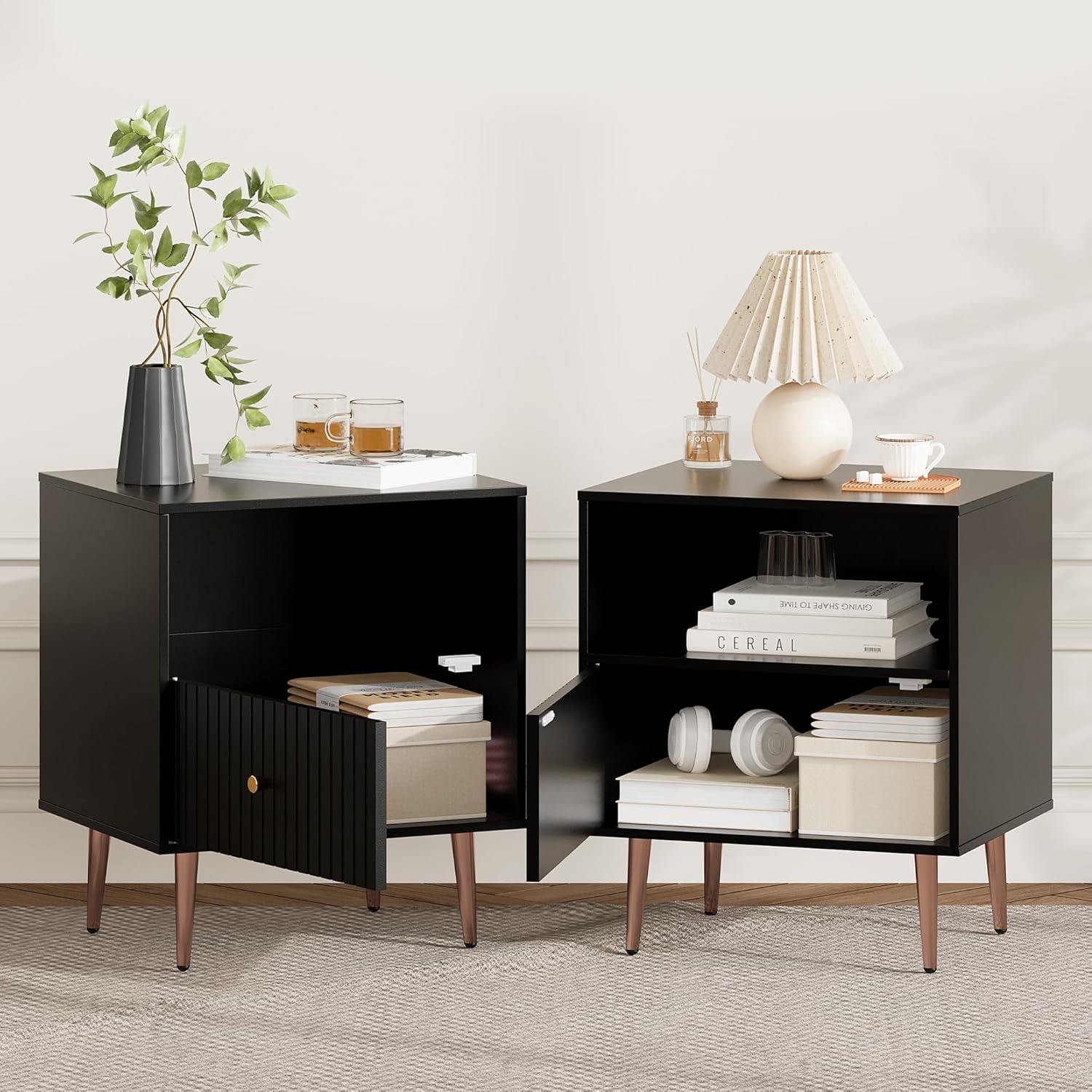 Black Nightstands Set of 2,Modern Bedside Table with Door and Open Storage,Fluted Nightstand and Wood End Side Table with Rose Gold Metal Legs and Handles for Bedroom,Living Room,Black