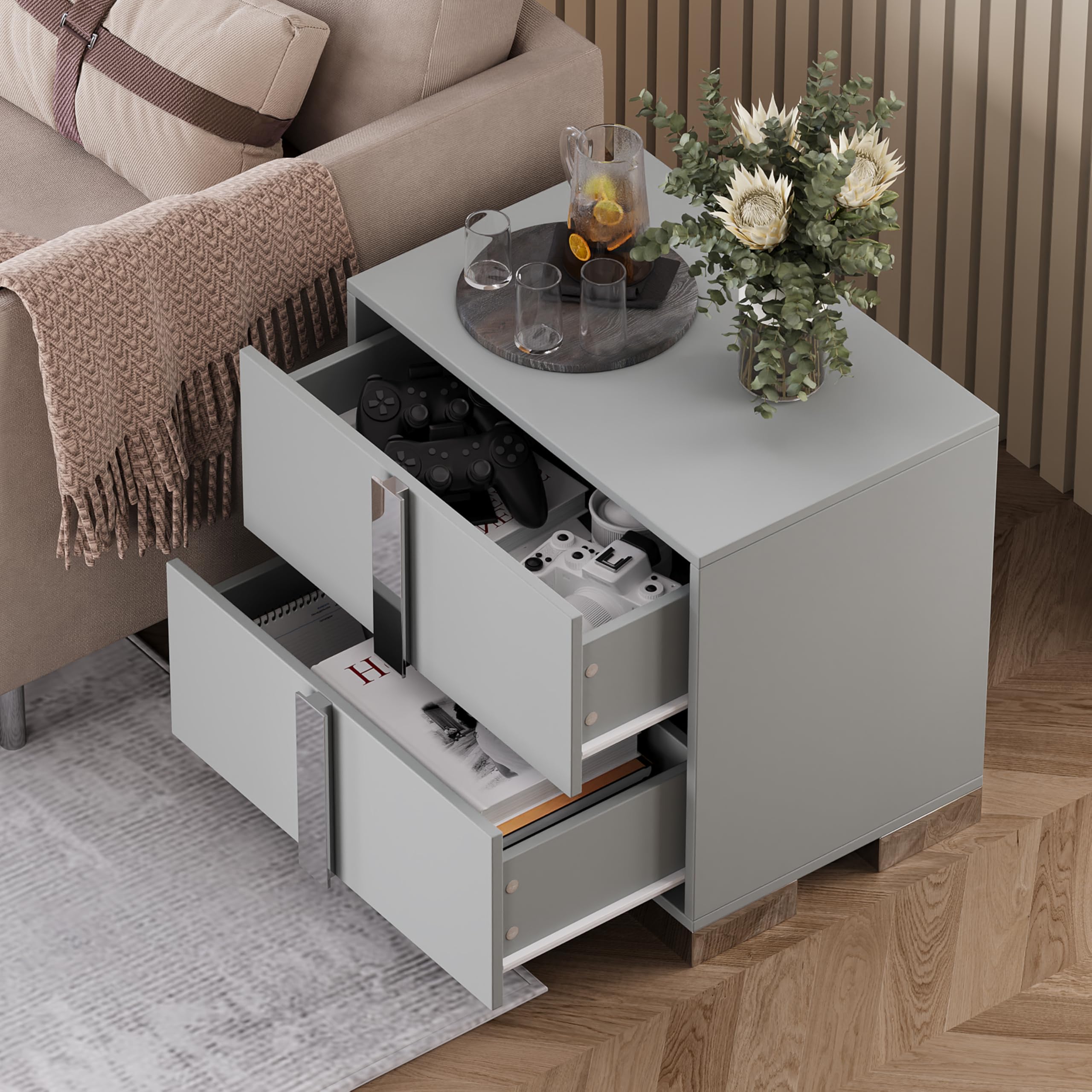 Linique Modern Nightstand with Metal Handle and Base, 2 Drawers Bed Side Table, Wooden End Table for Living Room, Grey