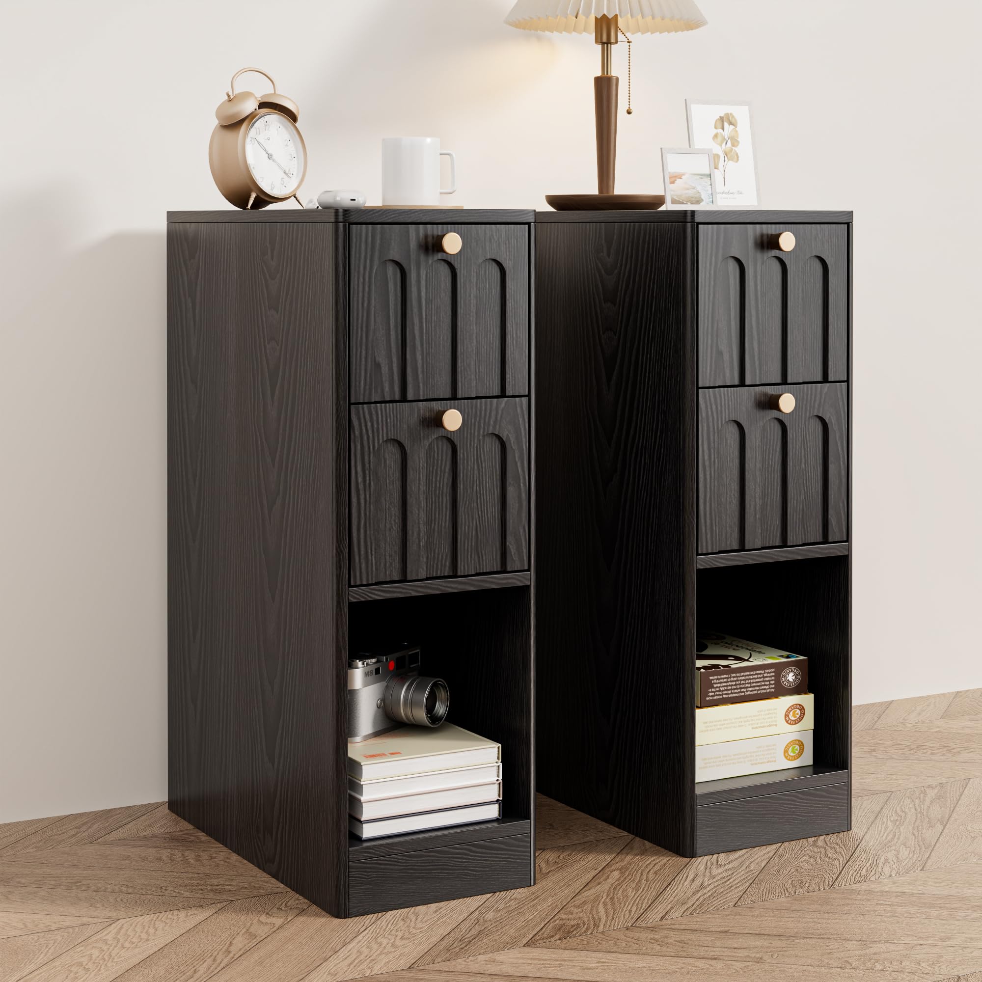 Black Narrow Nightstand, Fluted Small 2 Drawer Nightstand, Slim Side End Table, Wooden Vintage Bedside Table, Mid Century Modern Night Stand, Bedroom, Wood, 1 Pc