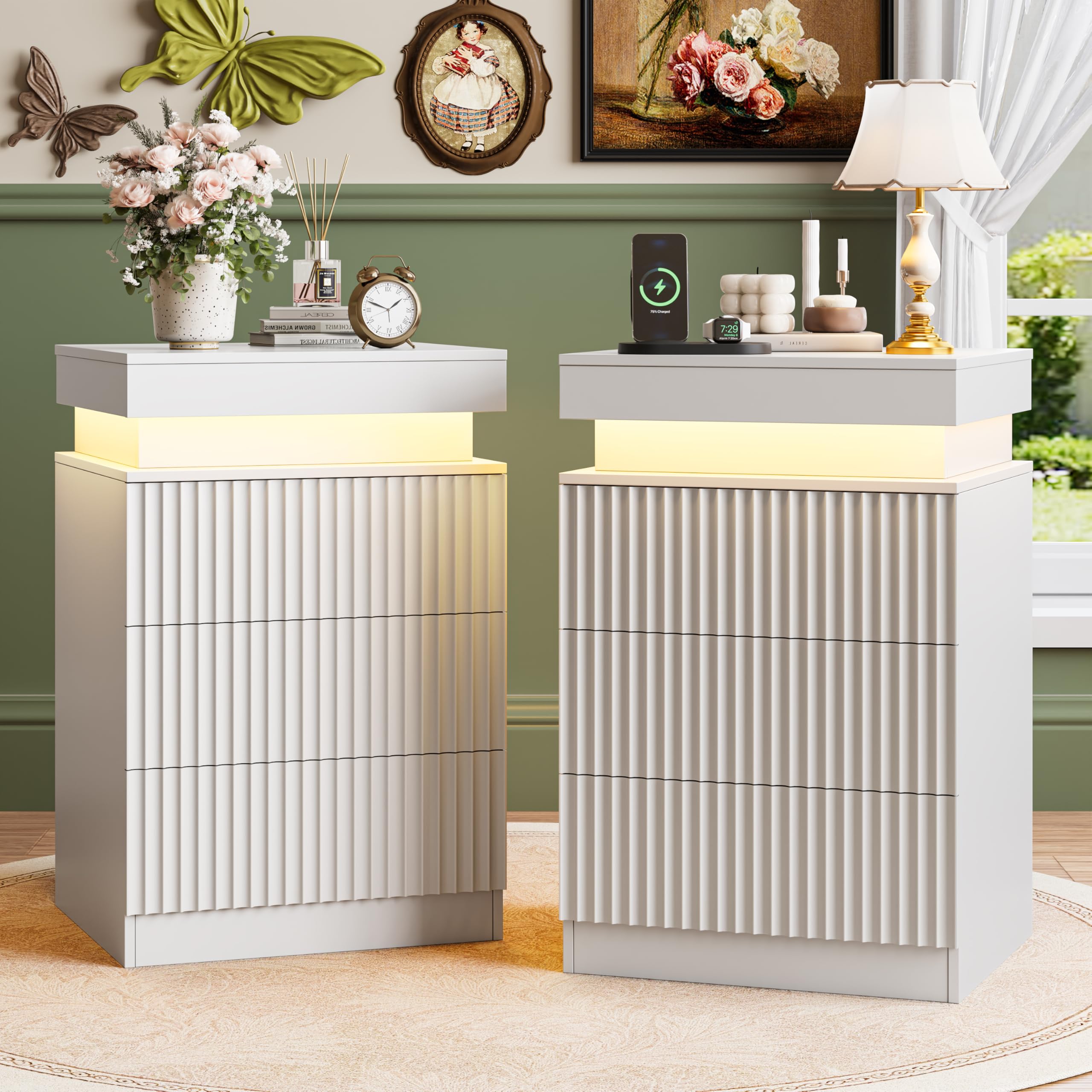 2-Pack Black Fluted Nightstand, LED Side Table with Charging Station for Bedroom