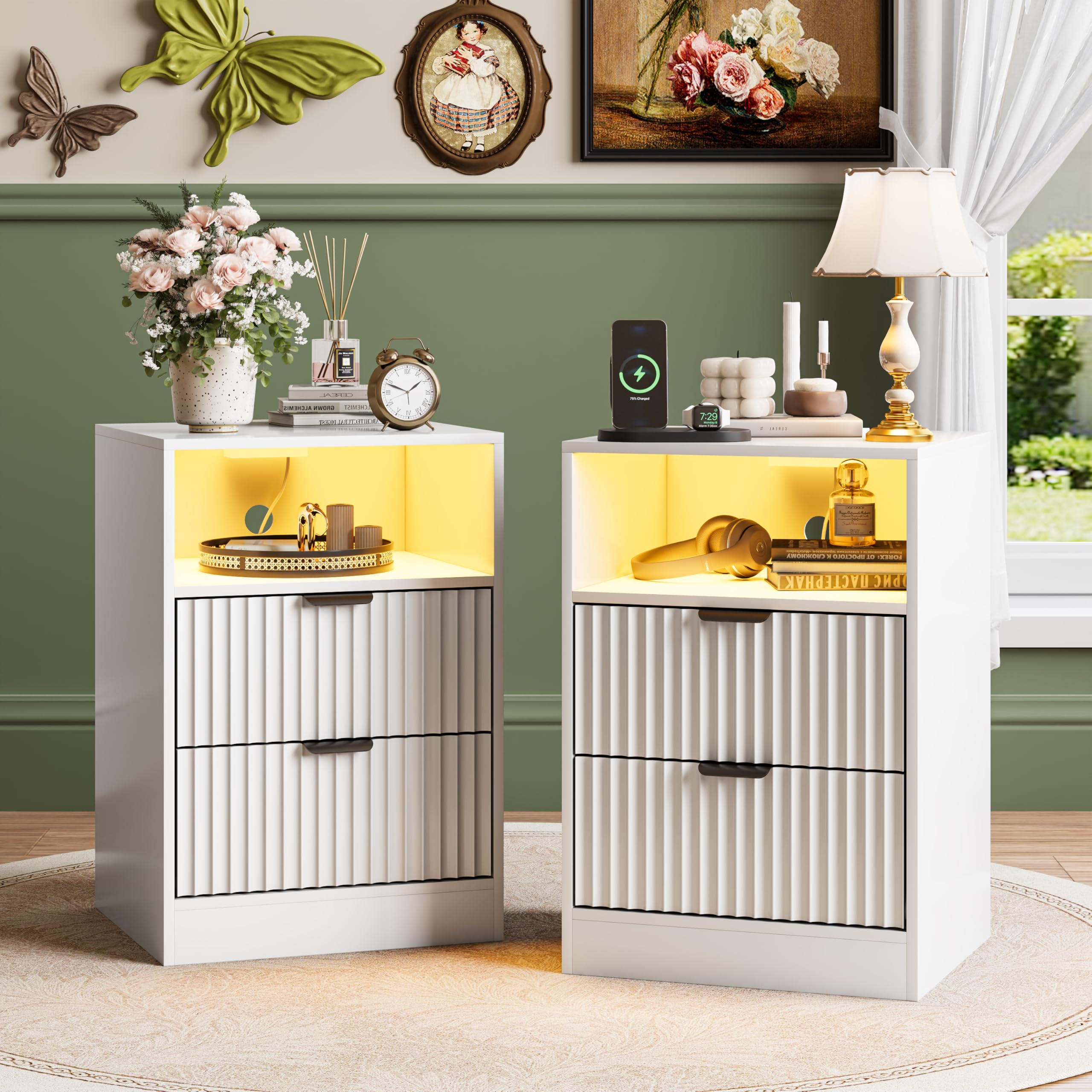 2-Pack Black Fluted Nightstand, LED Side Table with Charging Station for Bedroom
