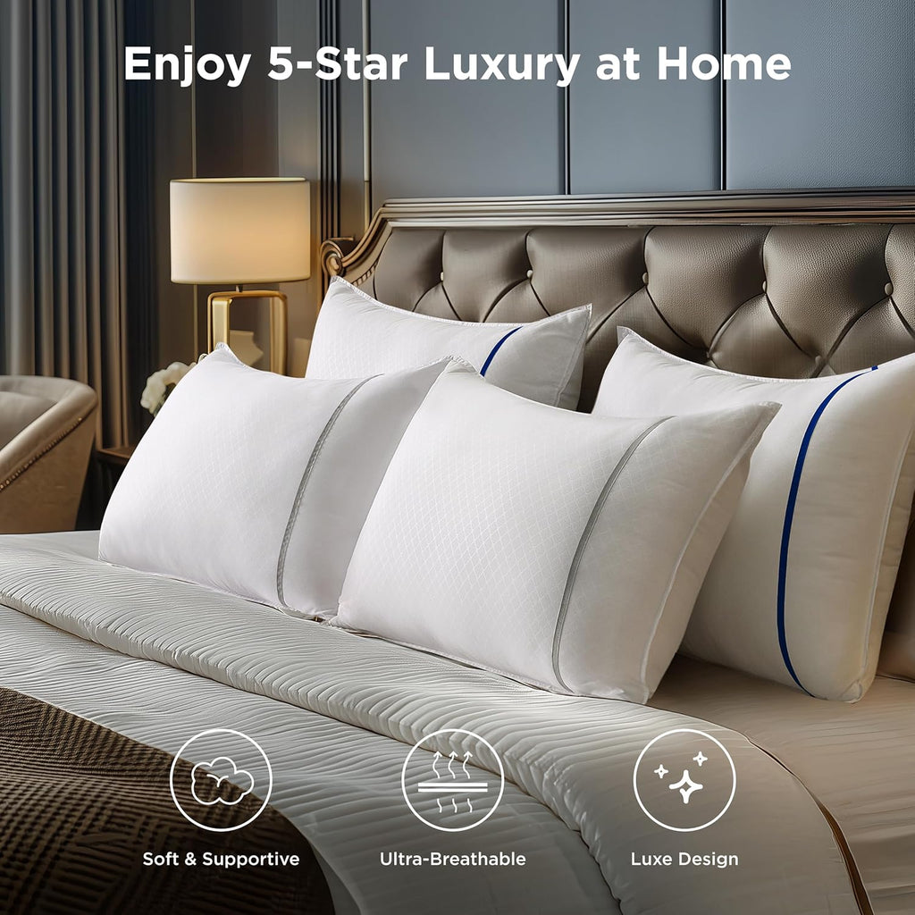 Bedsure Hotel Pillows Standard Size, Set of 2 - Luxury Bed Pillows for Sleeping, Decoration Strip Diamond Design Cover, Fluffy Original Down Alternative Filling for Side, Back or Stomach Sleepers