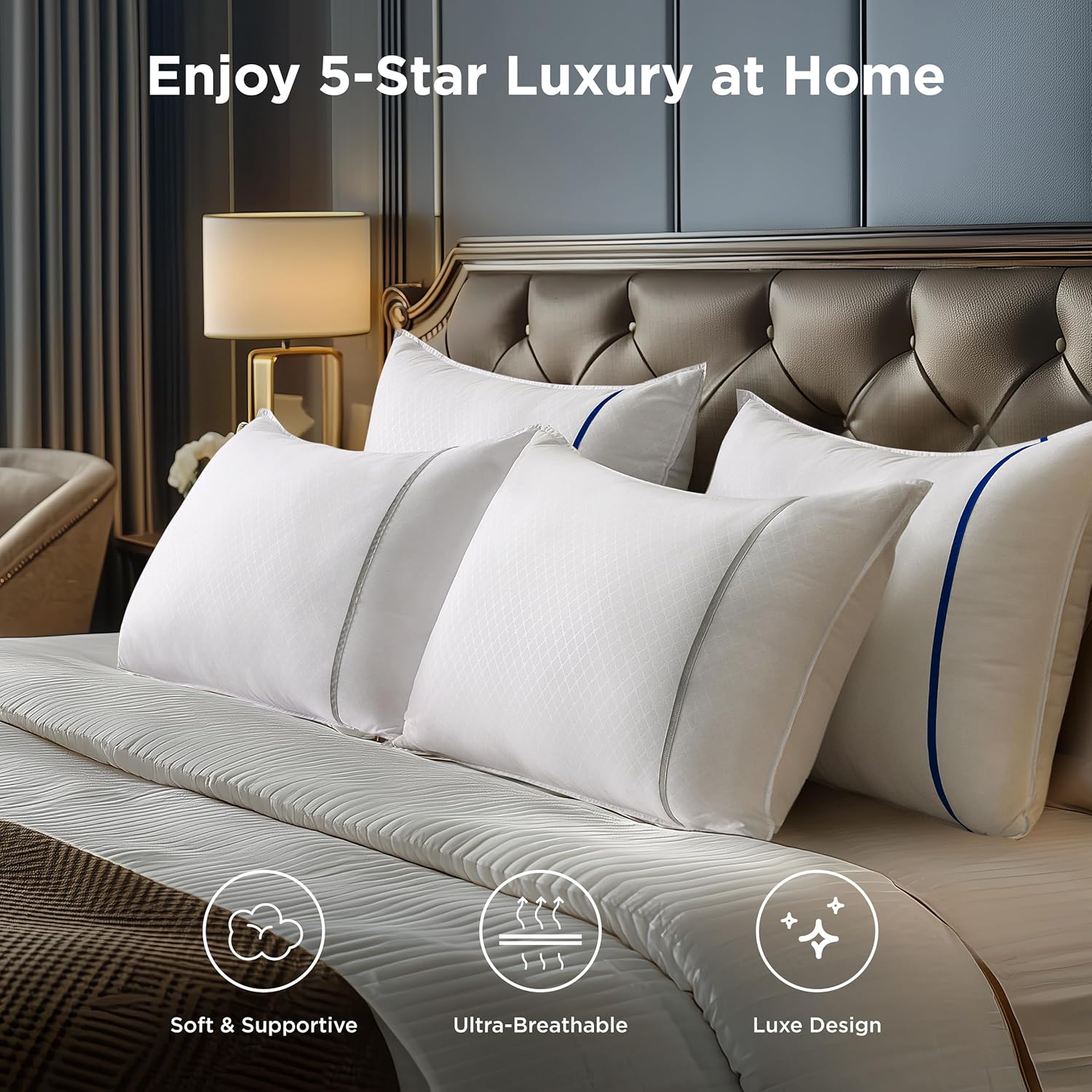 Bedsure Hotel Pillows Standard Size, Set of 2 - Luxury Bed Pillows for Sleeping, Decoration Strip Diamond Design Cover, Fluffy Original Down Alternative Filling for Side, Back or Stomach Sleepers