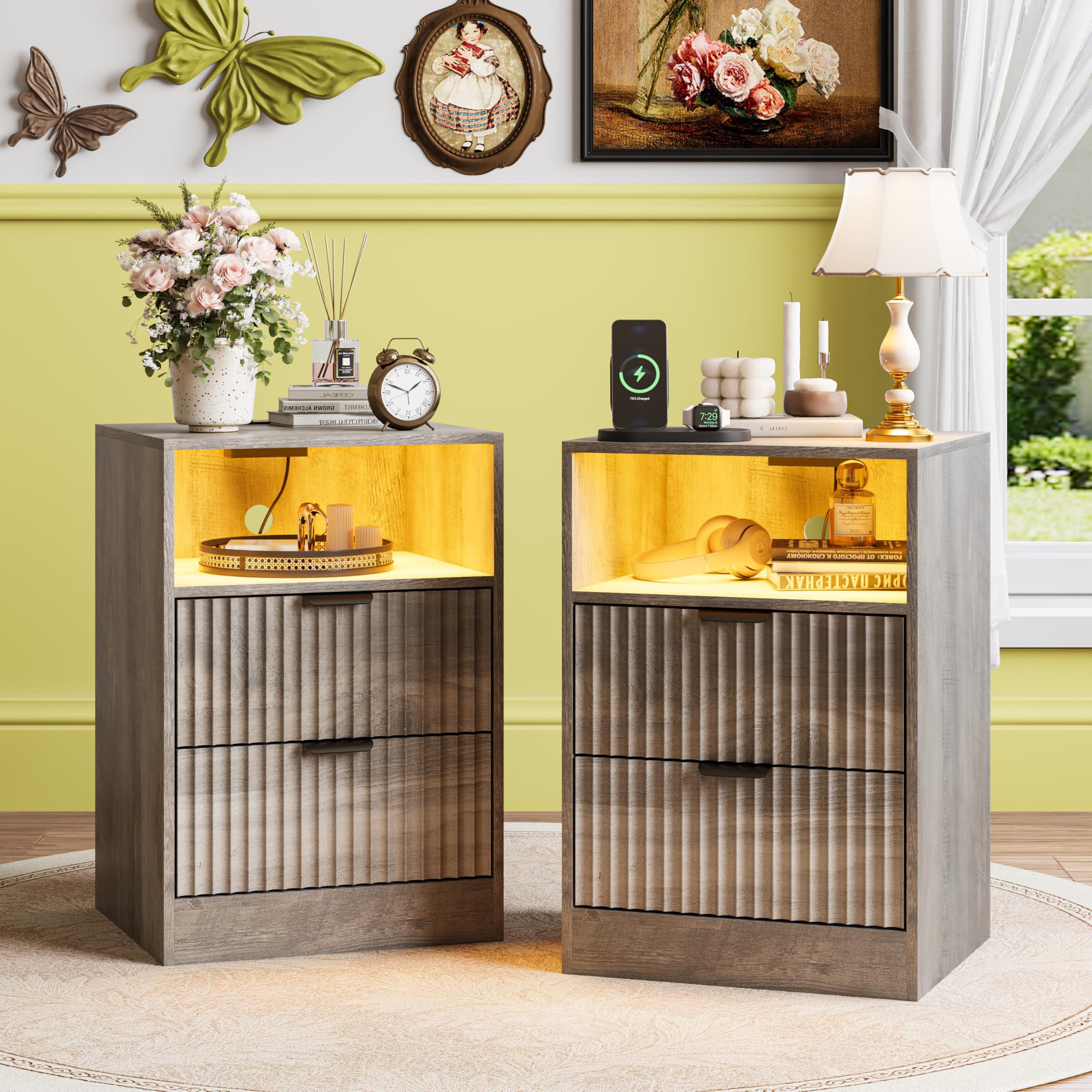 2-Pack Black Fluted Nightstand, LED Side Table with Charging Station for Bedroom