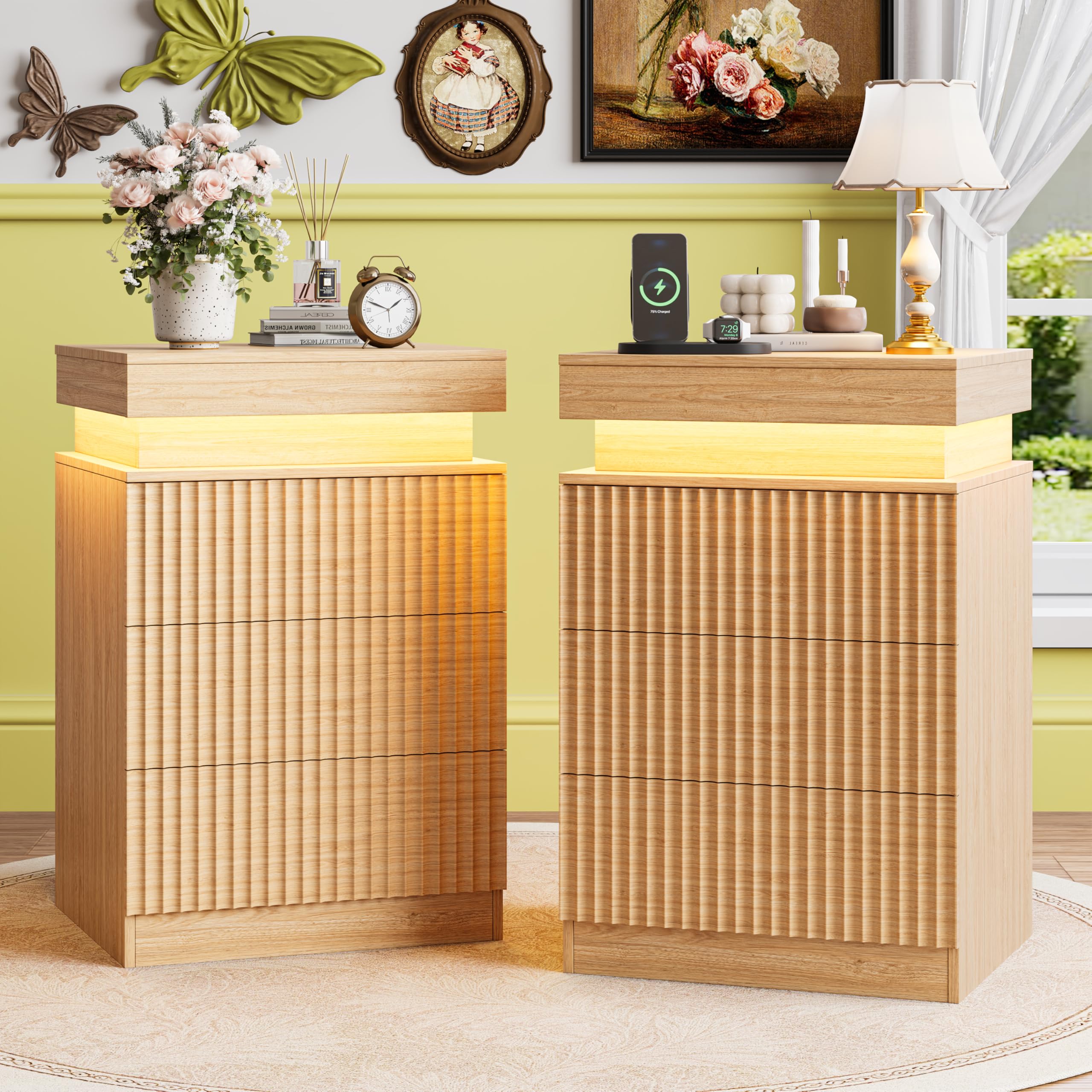 2-Pack Black Fluted Nightstand, LED Side Table with Charging Station for Bedroom