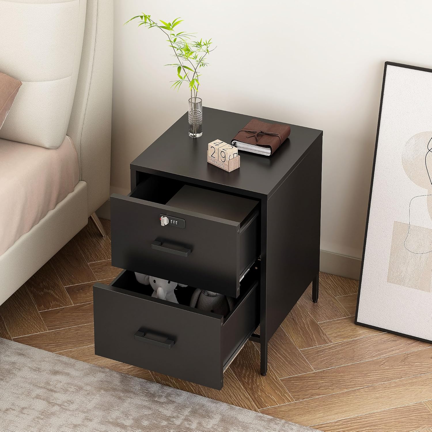 Steehoom Metal Nightstand,2 Drawer End Side Table Lockable Modern Locker Storage Cabinet for Living Room, Bedroom, Dorm, 21.26”H X 15.75”W X 15.75”D (2 Drawer, Black)
