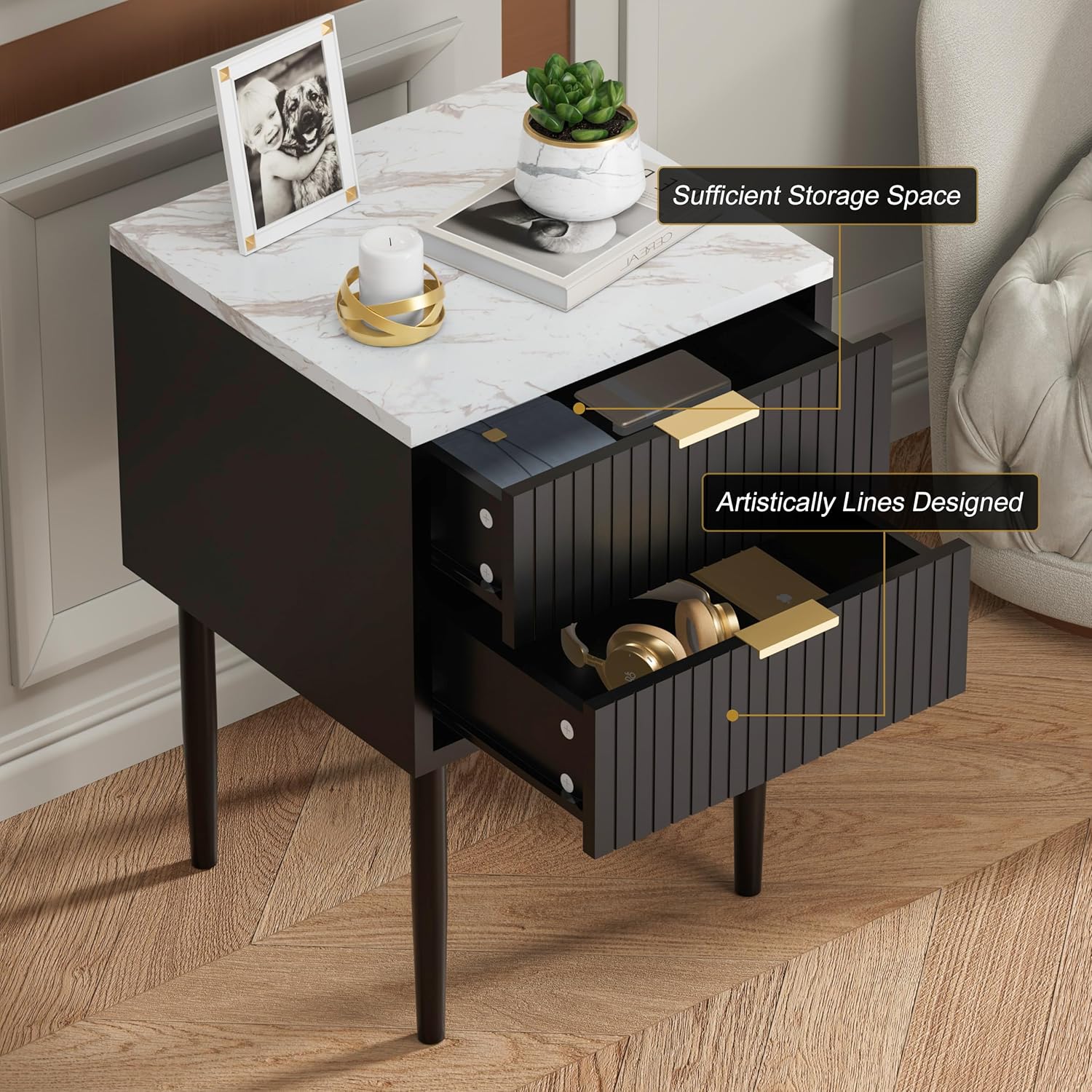 UEV Black Nightstand Set of 2 for Bedroom,Modern Two Drawers Nightstand with Gold Handles & Faux Marble Top,Tall Accent Side Table