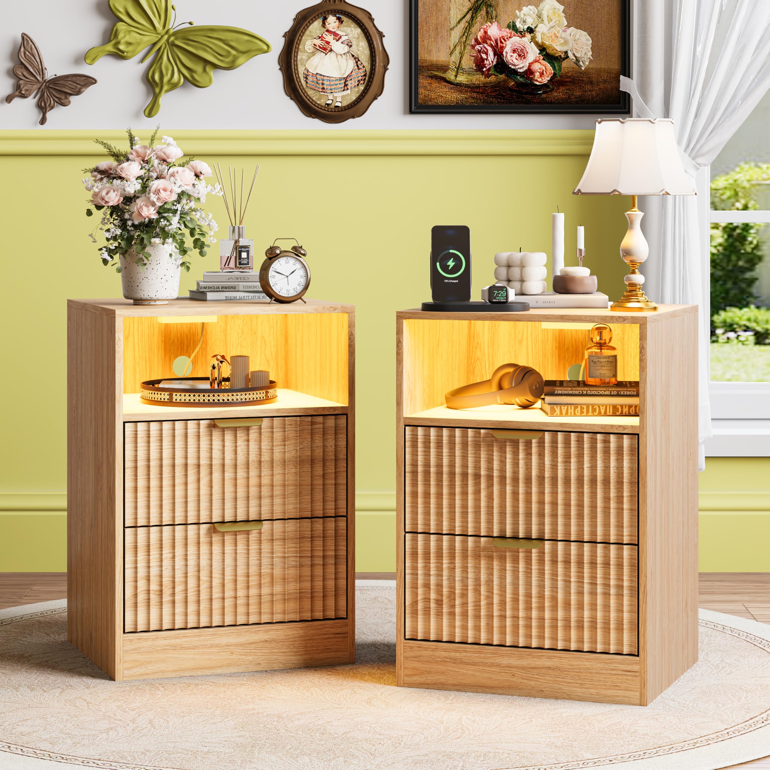 2-Pack Black Fluted Nightstand, LED Side Table with Charging Station for Bedroom