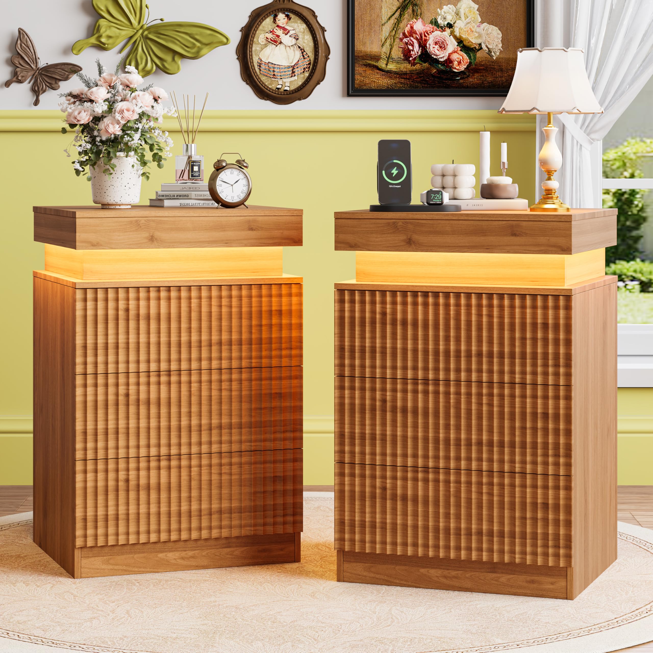 2-Pack Black Fluted Nightstand, LED Side Table with Charging Station for Bedroom