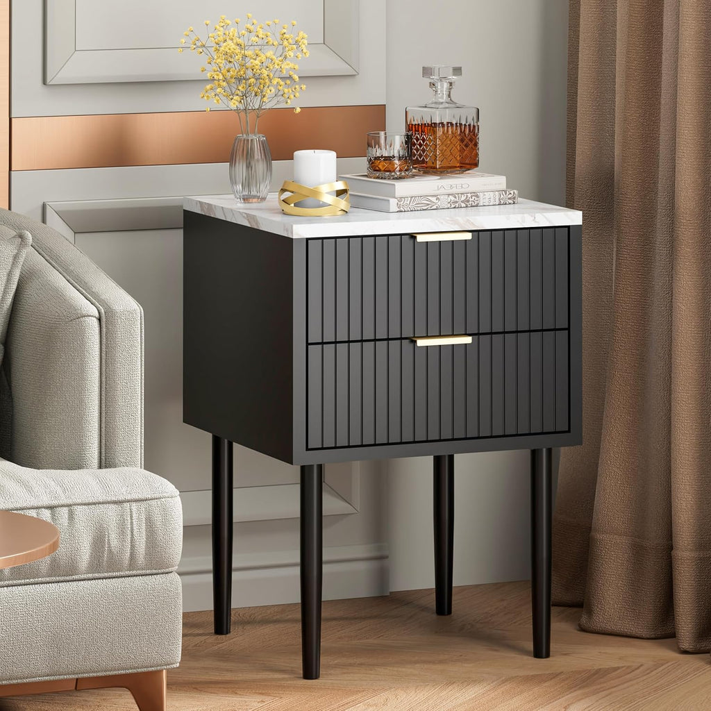 UEV Black Nightstand Set of 2 for Bedroom,Modern Two Drawers Nightstand with Gold Handles & Faux Marble Top,Tall Accent Side Table