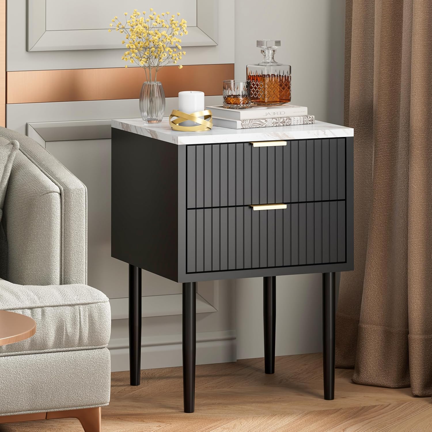 UEV Black Nightstand Set of 2 for Bedroom,Modern Two Drawers Nightstand with Gold Handles & Faux Marble Top,Tall Accent Side Table