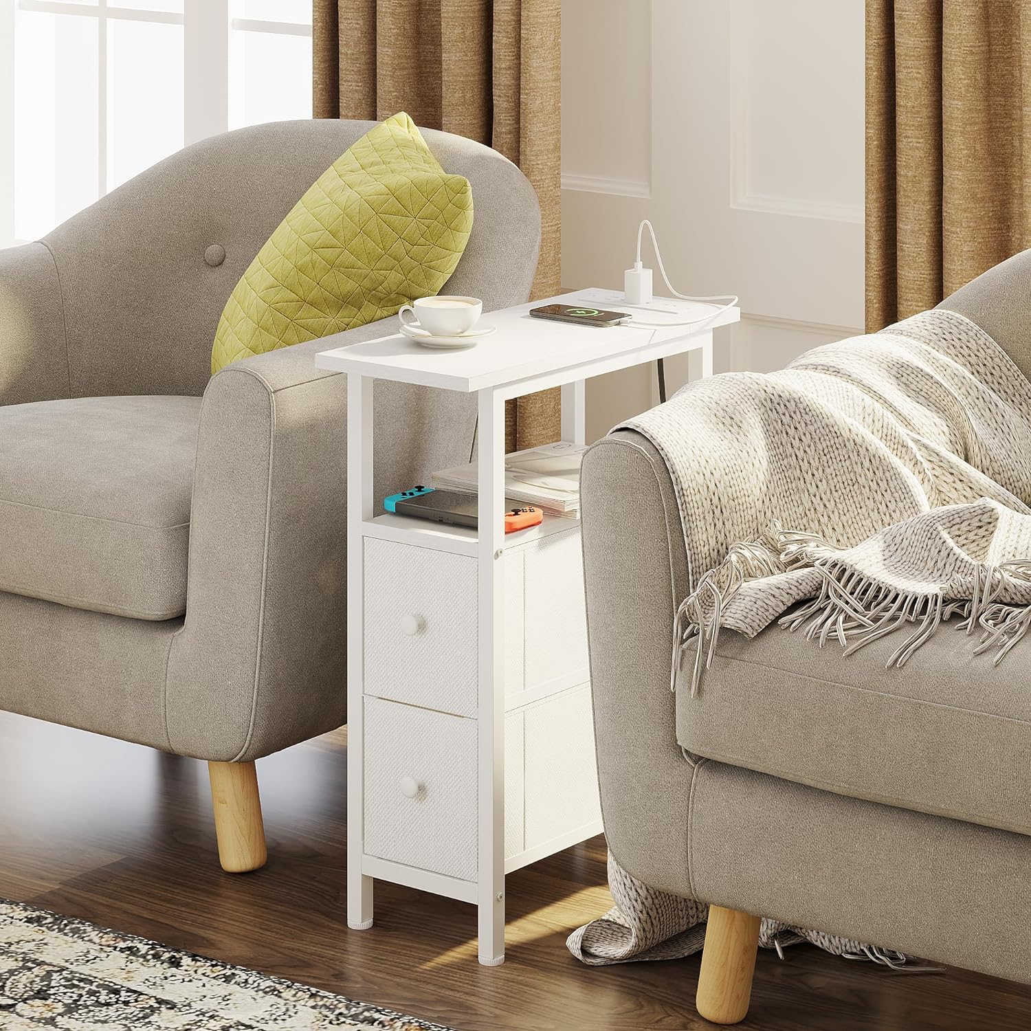 TRIFEBLE End Table with Charging Station, Narrow Side Table with 2 Fabric Drawers, Skinny Nightstand with LED Light, Slim Bedside Table for Bedroom, Living Room, Small Spaces, White