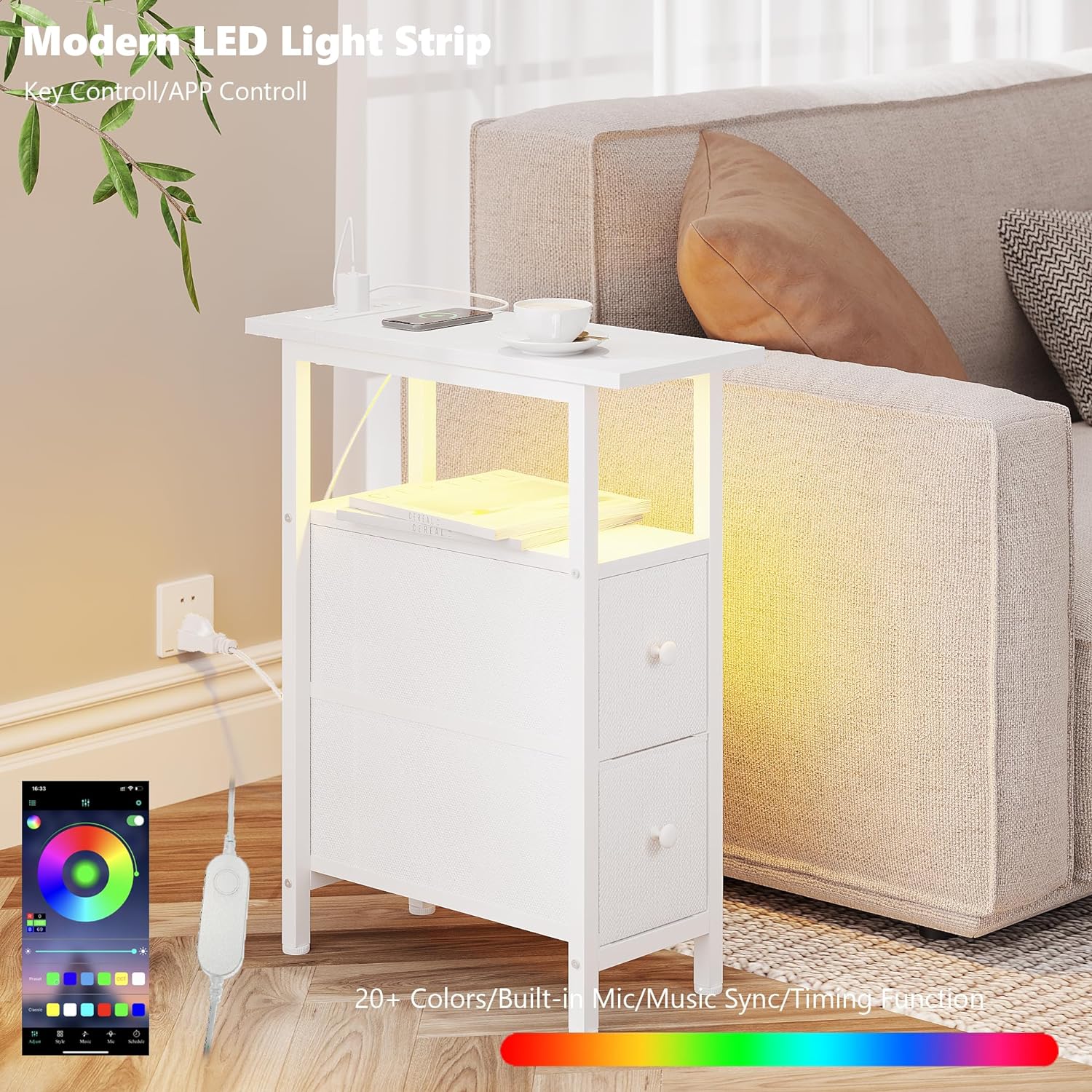 TRIFEBLE End Table with Charging Station, Narrow Side Table with 2 Fabric Drawers, Skinny Nightstand with LED Light, Slim Bedside Table for Bedroom, Living Room, Small Spaces, White